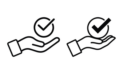 Hand Holding Check Mark Icon in Circle Isolated on White Background

