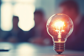 A glowing incandescent light bulb sits on a surface, symbolizing ideas and innovation with a blurred background of people.