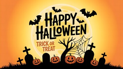 Spooky halloween night with bats pumpkins and a graveyard under a full moon