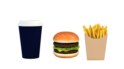 Fast food coffee, burger, and fries on clear background