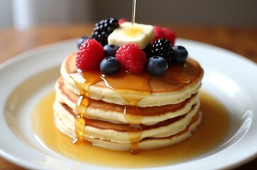 Fluffy Pancakes Summer Treat with Blueberries and Maple Syrup ai generated