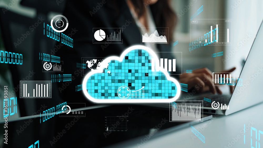 Poster digital cloud computing visualization with data analysis elements and business charts. perfect for i