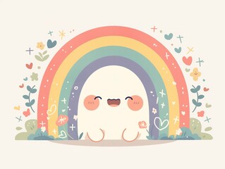 Minimalist Smiling Rainbow Watercolor Illustration, Flat Borderless Design on White Background
