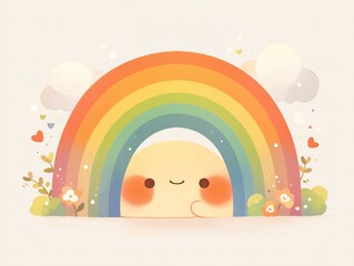 Minimalist Smiling Rainbow Watercolor Illustration, Flat Borderless Design on White Background