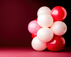 A cluster of shiny red, white, and pink balloons arranged tightly against a red background.