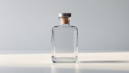 Clear glass bottle with cork stopper filled with clear liquid on a white surface