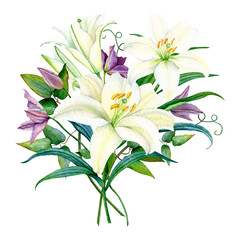 Watercolor bouquet of white lilies, purple clematis and green leaves