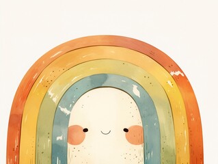 Minimalist Smiling Rainbow Watercolor Illustration, Flat Borderless Design on White Background