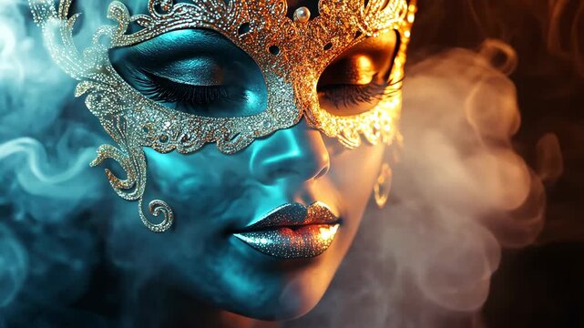 Beautiful carnival mask in smoke. Selective focus. holiday.