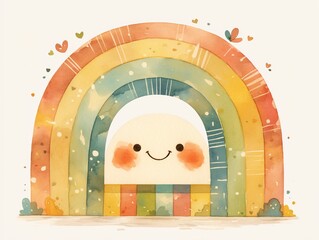 Minimalist Smiling Rainbow Watercolor Illustration, Flat Borderless Design on White Background