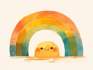 Minimalist Smiling Rainbow Watercolor Illustration, Flat Borderless Design on White Background