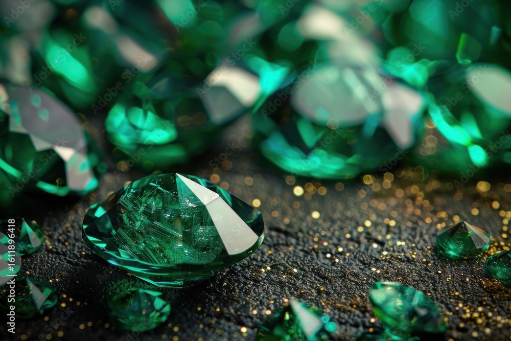 Poster emerald gemstones sparkling on a dark textured surface, creating a luxurious and captivating scene