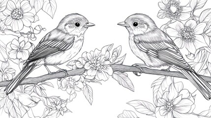Birds on Branch, Floral Background