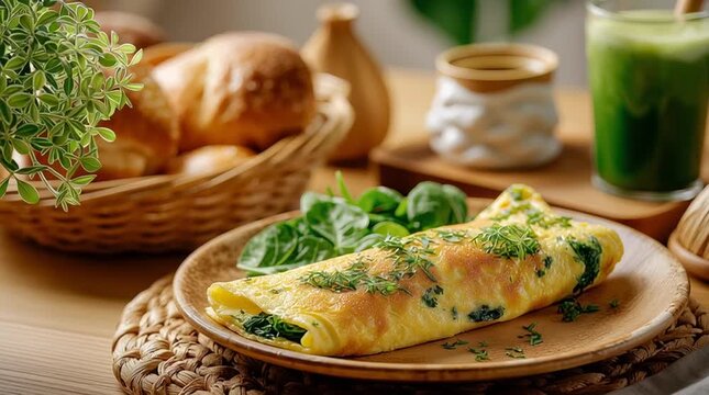 Fresh omelette with spinach and herbs accompanied by green juice on rustic breakfast table