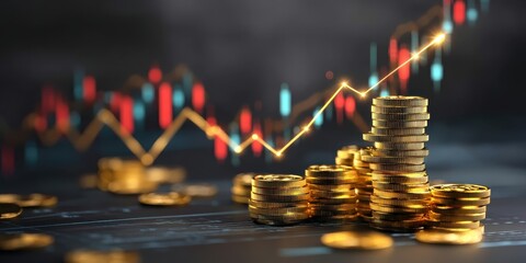 Stacks of gold coins rise in front of a stock chart, illustrating the increasing value of gold prices and financial success.