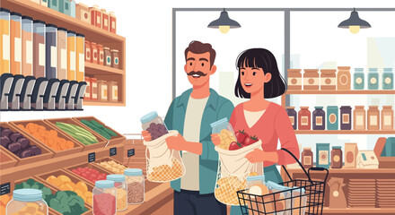 Happy couple shopping zero waste groceries in modern store together today