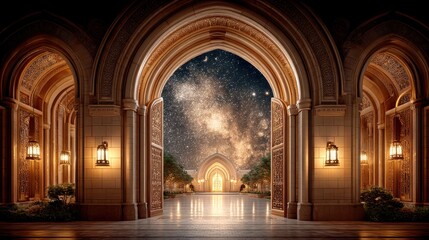 Majestic mosque gate illuminated against a dreamy night sky, capturing the grandeur of Islamic architecture through a generative style.