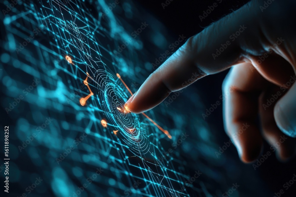 Poster a finger interacts with a glowing, digital interface displaying a futuristic, networked cyber grid w