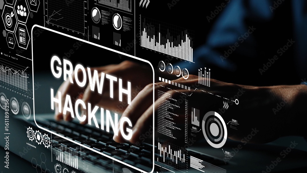 Poster hands typing on keyboard with digital graphics representing growth hacking and data analysis in mode