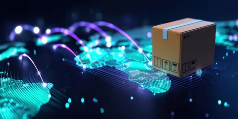 A technology-driven product delivery process, symbolized by a package moving rapidly over a digital world map. The system speeds up logistics and reduces costs.