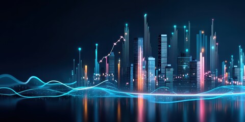 Futuristic skyline with data lines and glowing analytics, symbolizing digital transformation and city development powered by big data.