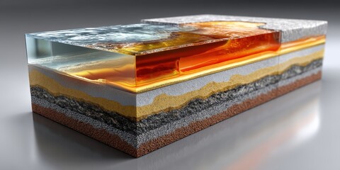 Layered earth cross-section showcasing geothermal system infrastructure and underground energy flow for sustainable power.