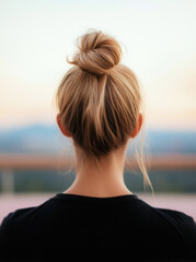 A woman with blonde hair styled in a messy bun is seen from behind, wearing a black top with a blurred outdoor background.