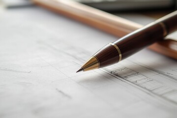 A close-up of a pen resting on architectural blueprints, highlighting the precision and details of construction design.