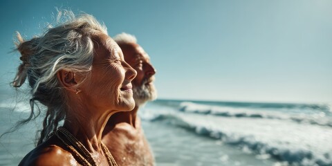 Senior couple relaxing on a sandy beach with hats and sunglasses, smiling together under the sun, representing joyful retirement lifestyle planning.