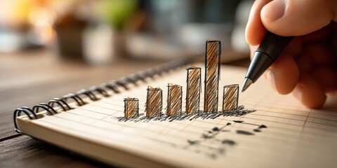 A hand-drawn bar graph on paper highlights business growth insights, illustrating upward trends and strategic planning visually.