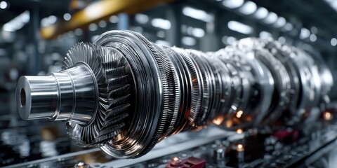 Close-up of electric turbine components, showcasing intricate design details symbolizing sustainability in engineering and infrastructure, emphasizing clean energy solutions.