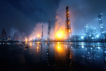 A double-exposed composition of oil refinery pipes and futuristic energy grids, symbolizing technological advancement in global power and fuel sectors.