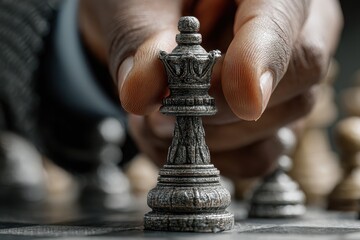 A man in a formal suit focused on a chessboard, holding a chess piece mid-move, symbolizing strategic thinking and intellectual challenge.