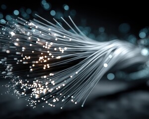 A concept image showing glowing fiber optic cables representing fast, stable internet connection through optical broadband technology. Clear space allows for text insertion.