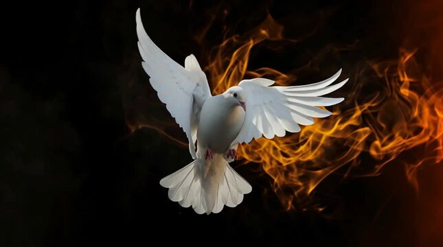 Graceful white dove flying in front of fiery flames on black background