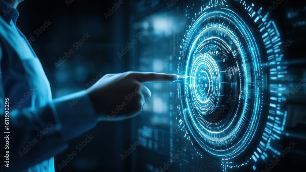 Poster engineer aerospace development concept. a person interacting with a futuristic digital interface in 