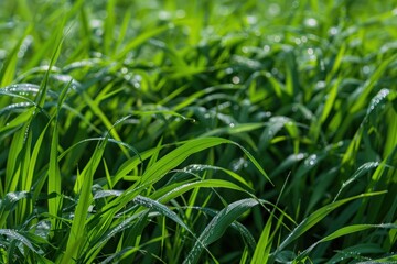 Fototapeta premium Vibrant green grass blades glistening with morning dew, creating a refreshing natural background