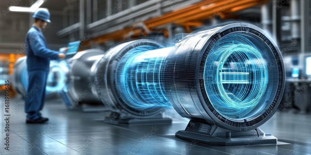 Aufkleber engineer aerospace development concept. futuristic engineer working with digital turbine models in a