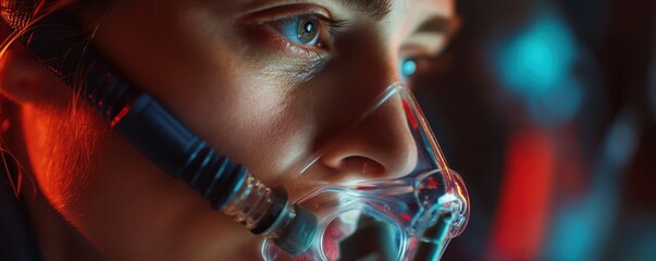 Patient undergoing lung function test by exhaling into a spirometer in a clinical setting. Health and respiratory care context with medical focus.