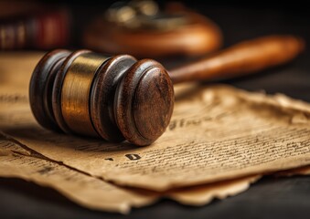 Wooden gavel resting on legal documents on a desk, symbolizing justice, courtroom proceedings, and legal decision-making in professional law settings.