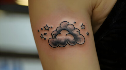 Small cloud tattoo with stars.  Simple black ink design of a cartoon cloud and scattered stars on the upper arm