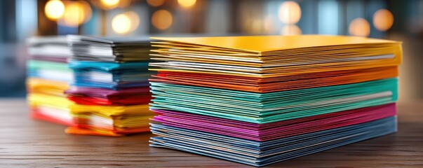 A stack of colorful catalogs lies neatly on a desk, showcasing vivid designs and glossy covers used in promotional and marketing contexts.