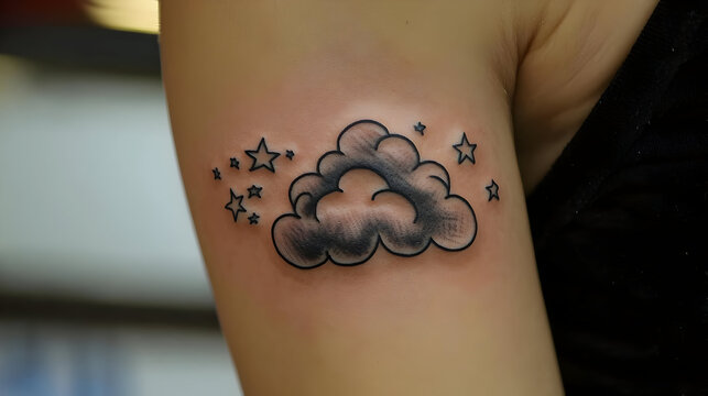 Small cloud tattoo with stars.  Simple black ink design of a cartoon cloud and scattered stars on the upper arm
