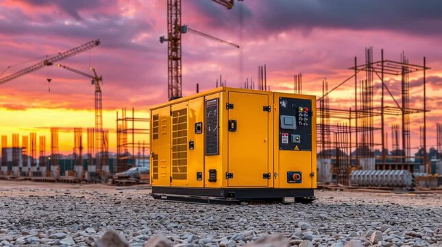 Vibrant sunset over construction site with industrial generator and tower cranes in motion