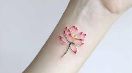 Delicate lotus tattoo on wrist.  Soft pink lotus flower with detailed shading and subtle yellow center on pale skin
