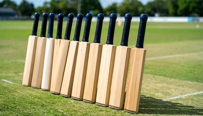 Cricket bats lined up on a grassy field