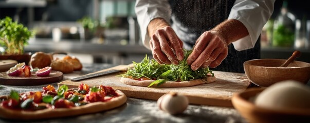 A professional chef in a restaurant kitchen preparing salad and pizza, focused on culinary craftsmanship and fresh ingredients.
