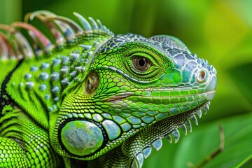 Fototapeta premium Close up of a vibrant green iguana showcasing its intricate scales and captivating gaze in a natural habitat