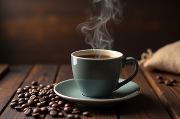 Elegant Blue-Gray Mug Hot Coffee Drink Comfort Grain Texture Surface Saucer ai generated