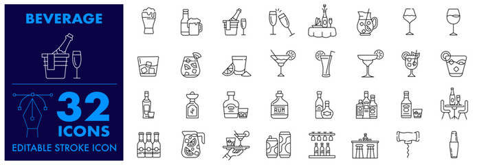 Beverage Icon Set.  Wine, Beer, Bar, Whiskey, Martini, Champagne, Sangria, Vodka, tequila, Liquor, Cocktail and Editable Stroke Icon